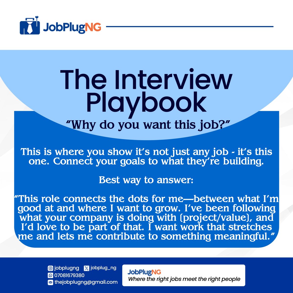 jobplug_ng's tweet photo. “Why do you want this job?”
#InterviewPlaybook #HowToApplySmarter #JobTipsDaily #CareerGrowth #InterviewSuccess #WorkSmart https://t.co/jBegOUTiZB