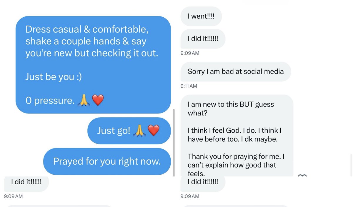 tyromper's tweet photo. I have dozens of DMs like this today!!!

Asked me a lot church questions the previous week or how to read the Bible.

Now  today:

•Church for the first time ever!!
•Church for the time in decades!!
•Opened their Bible or bought one!!
•Praying & seeking God after years of neglect!!

We don't win spiritual battles politically.

If we want to change OUR WORLD, THE WORLD, & OUR NATION...... 

It starts with you & I going all in back towards JESUS & faith!

Imagine a nation with 100 million families & believers ON FIRE for the Lord!!

NO MORE LUKEWARM!!!