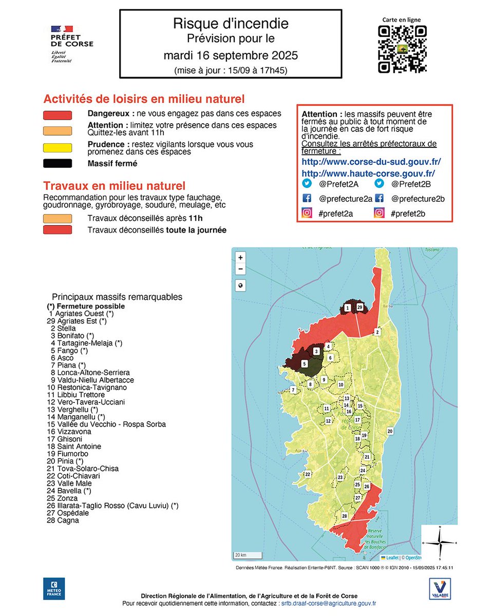 🔥CARTE DU RISQUE INCENDIE - CORSE DU SUD
       
👥Cette carte s’adresse à :    
• Amateurs d’activités de pleine nature (randonnée, VTT, escalade, nautisme…)    
• Entrepreneurs et services municipaux prévoyant des travaux extérieurs 

⚠️ ATTENTION : Cette information ne