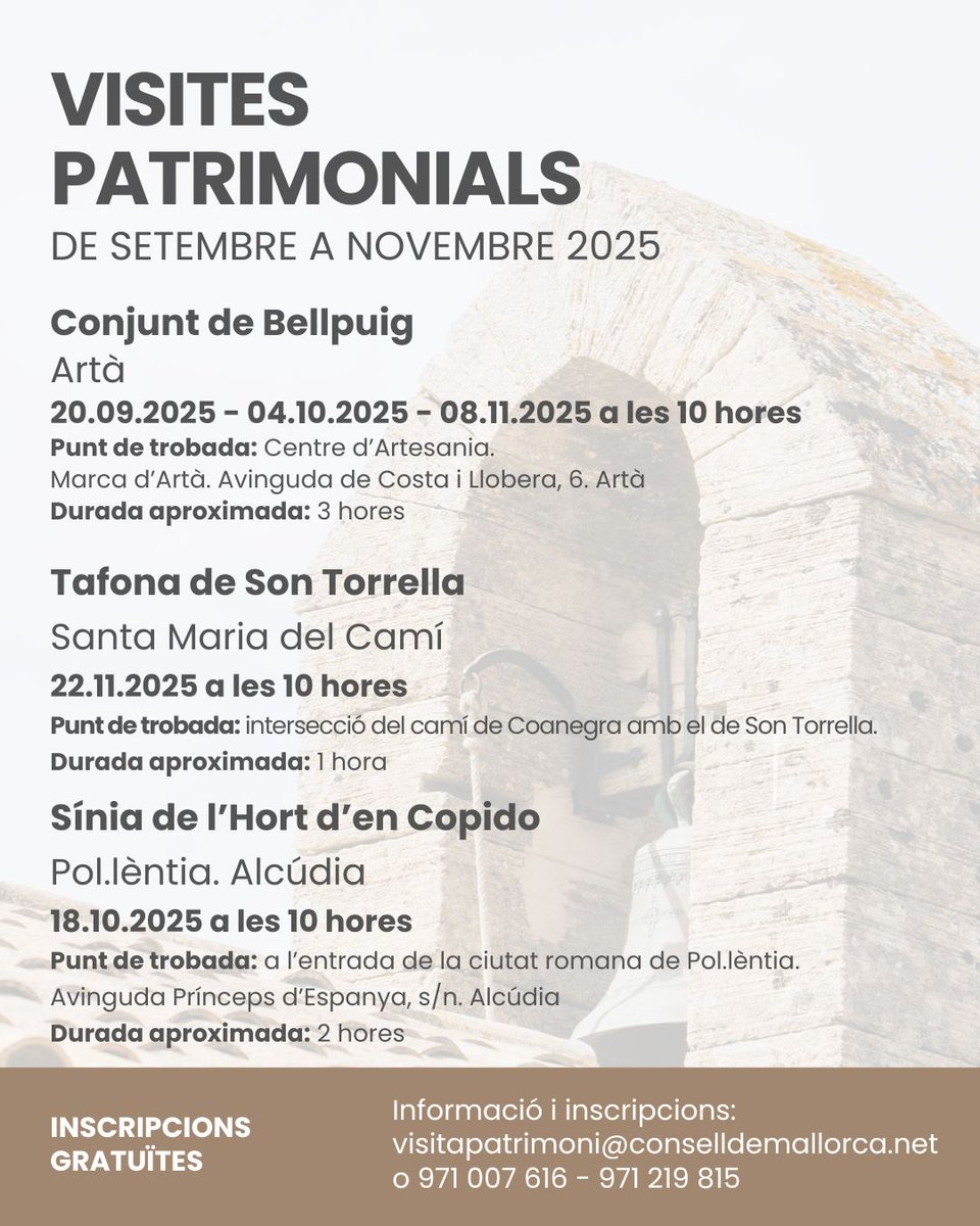 🤩Descobreix indrets únics de Mallorca

👀El @conselldemca organitza visites patrimonials gratuïtes el mes de setembre, octubre i novembre👇

ℹ️ Informació i inscripcions: visitapatrimoni@conselldemallorca.net o 971 007 616 - 971 219 815

#PatrimoniMallorca #CulturaMallorca