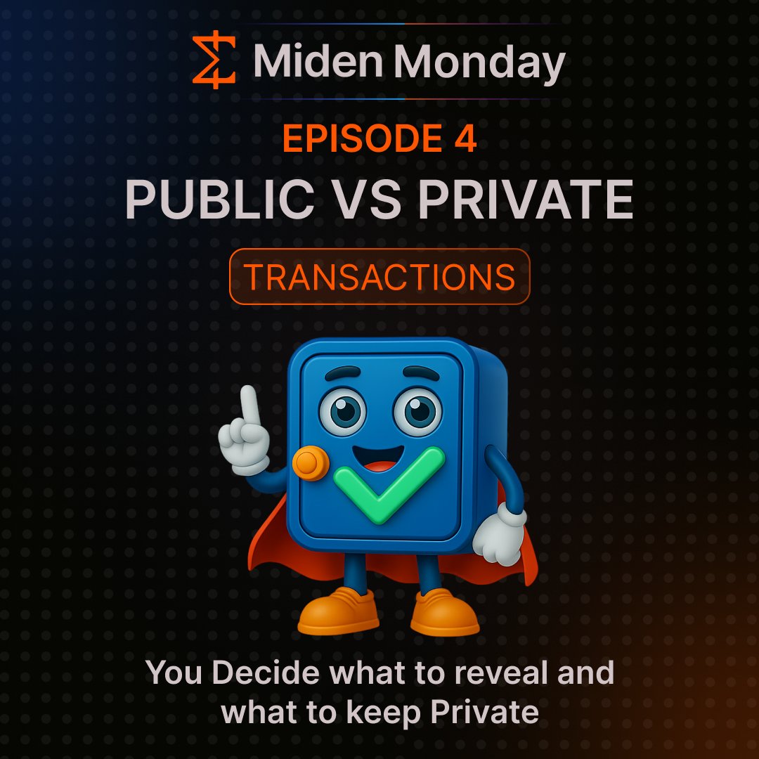 PrivyFi's tweet photo. @0xMiden Monday Episode 4
This week, we dive into Public vs. Private Transactions. 
With Miden, you choose what to reveal and what to keep private without sacrificing security.
 For PrivyFi, this powers confidential transfers and private staking. Control is yours. https://t.co/2VSUCJ6d0Q