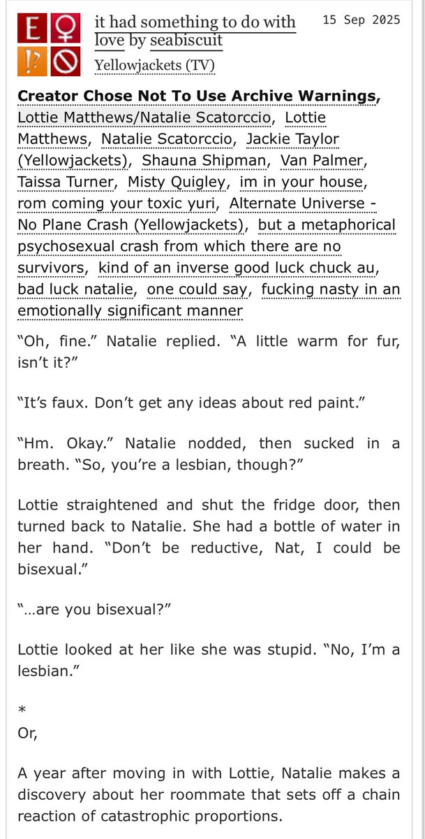Seabiscuitfic's tweet photo. countrymen - chapter 6 of lottienat fic now. Enjoy!

https://t.co/jn6hqDirZ6 https://t.co/nYZb56W275