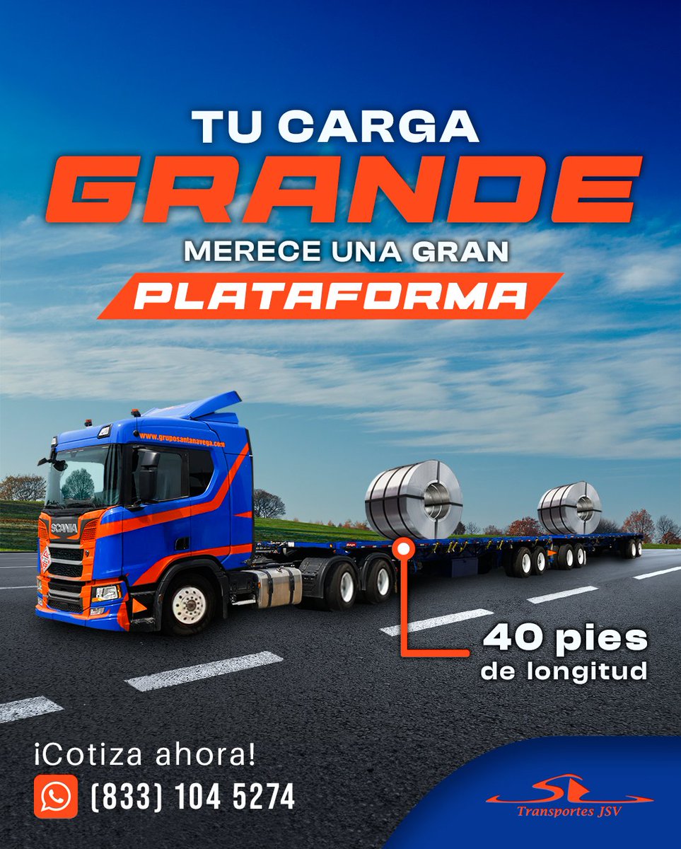 JsvTransportes's tweet image. En Transportes JSV contamos con plataformas de 40 pies ideales para el traslado seguro y eficiente de tu carga pesada y de gran volumen.📷

¡Cotiza ahora!
📲(833) 104 5274

#LogísticaInteligente #TransporteConfiable #TransportesJSV #Plataforma40pies #CargaPesada #Carga #Grande