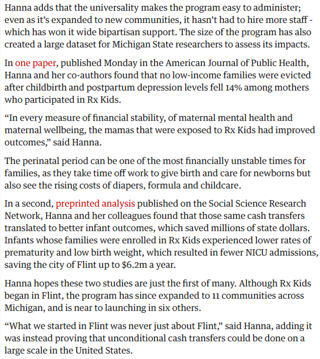 Two studies of the Rx Kids program are out today—one about the moms and one about the kids. Here's what happened when $1500 was given to ALL pregnant moms in Flint and also $500/mo for a year after birth: 

“In every measure of financial stability, of maternal mental health and