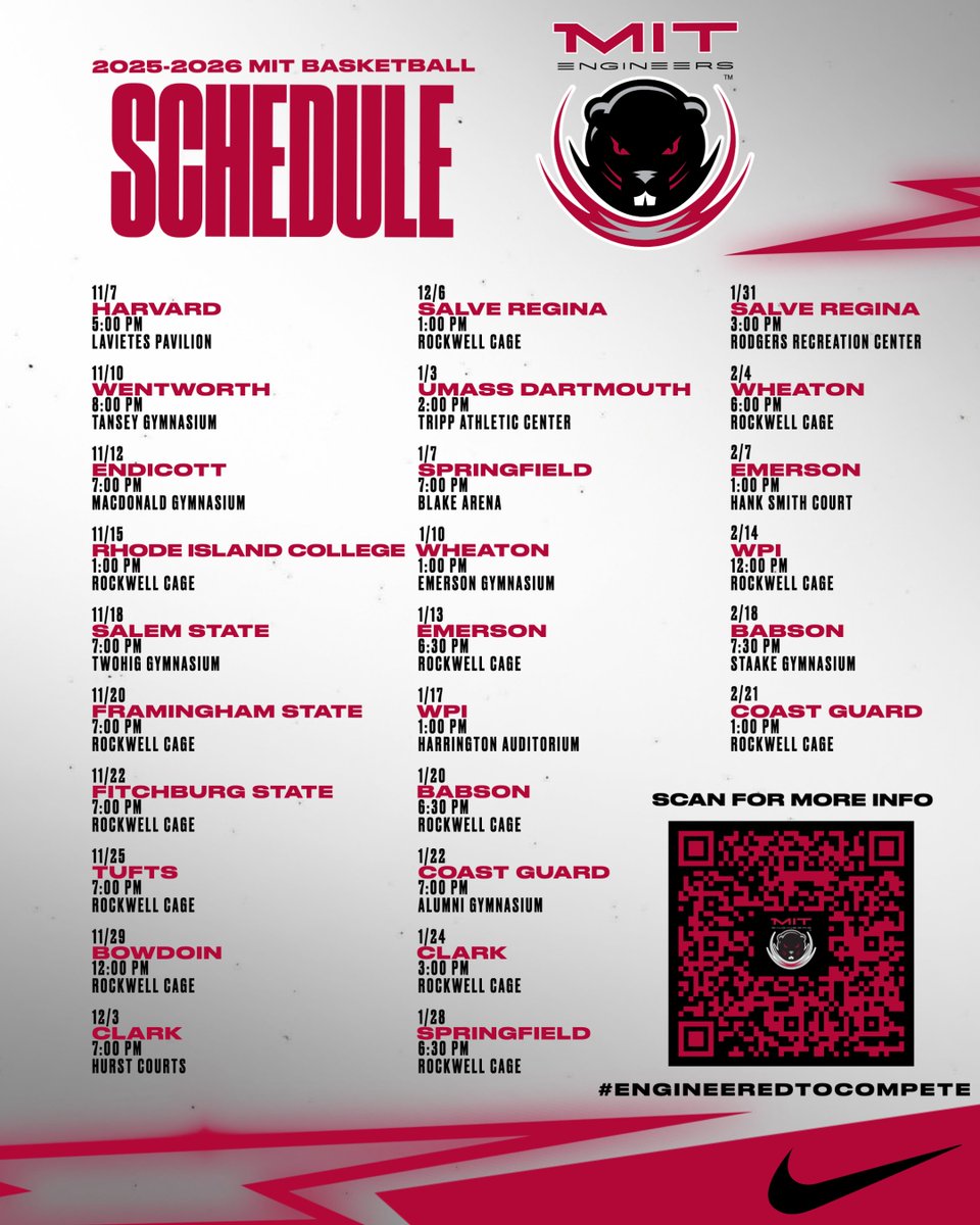 MITEngineersMBB's tweet image. 🚨2025-26 𝙎𝘾𝙃𝙀𝘿𝙐𝙇𝙀 𝙍𝙀𝙇𝙀𝘼𝙎𝙀🚨

Full schedule is out now!! Looking forward to having our MIT Basketball family &amp;amp; fans supporting us in Rockwell &amp;amp; on the road this season!!

@MITAthletics | #EngineeredToCompete