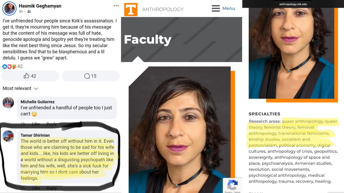 BREAKING: University of Tennessee just announced TERMINATION proceedings have begun for Professor Tamar Shirinian. She’s a queer anthropology professor who posted extremely hateful comments on Facebook celebrating the assassination of Charlie Kirk.