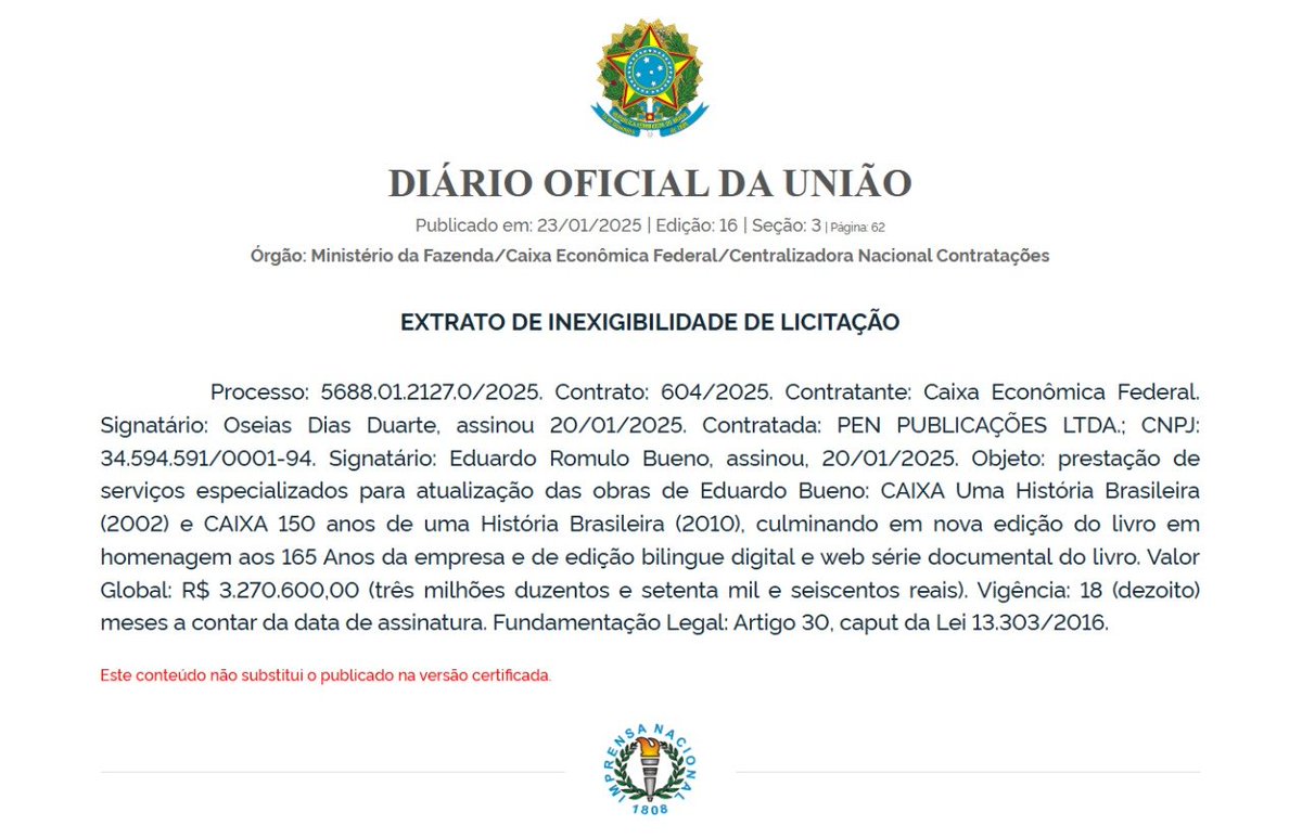 🚨 Peninha não liga para opinião pública. Sabe por quê? Ele ficou milionário. 

Eduardo Bueno vai receber R$ 3,27 milhões da Caixa Econômica Federal, sem licitação. Com dinheiro público.

Segue o fio para entender melhor. 👇🧵