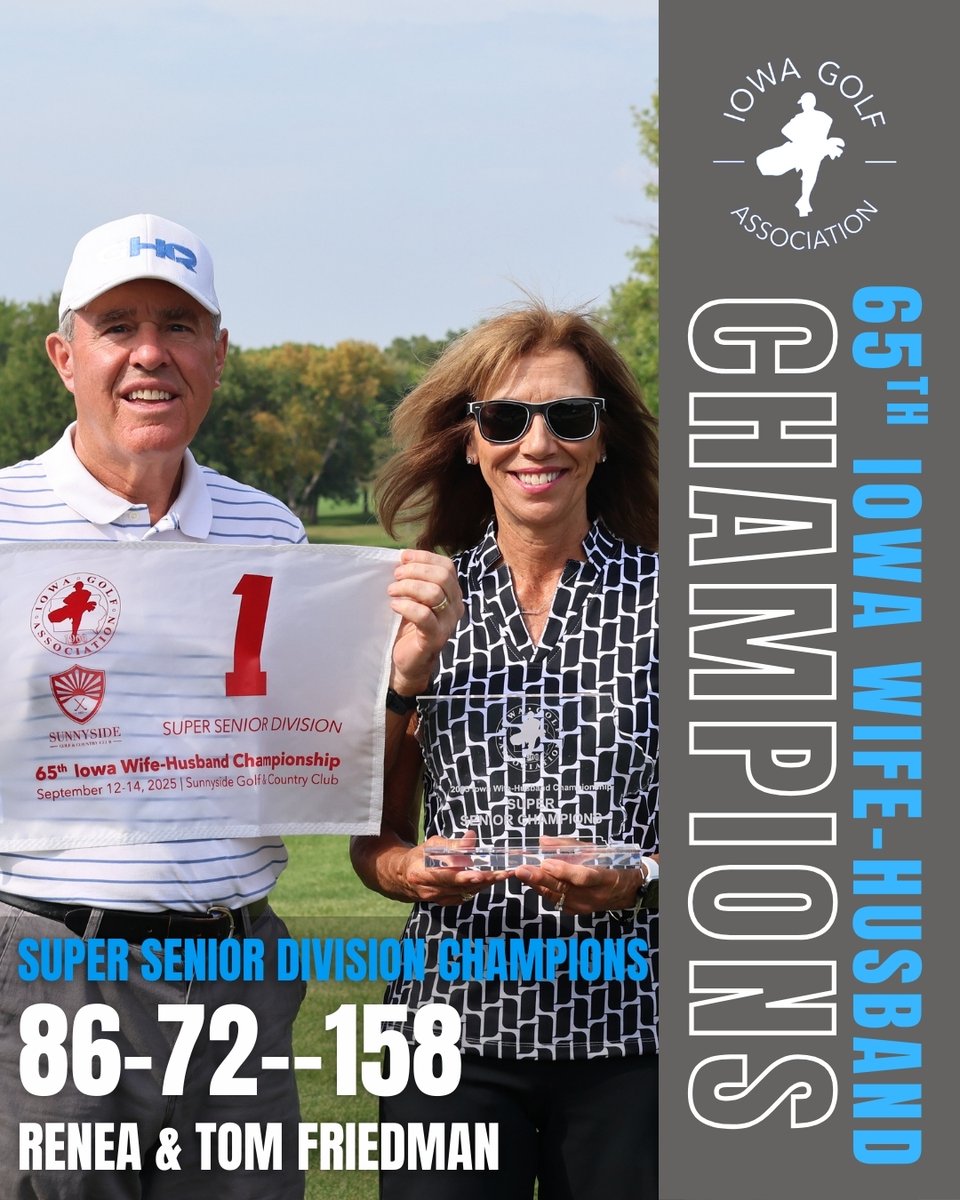IowaGolfAssn's tweet photo. 65th Iowa-Wife Husband Championship ✔️Congrats to our champions: 
Christi &amp; Luke Imsland (Open), Nancy &amp; Dave Olberding (Senior), and Renea &amp; Tom Friedman (Super Senior). Thank you to all who played and to Sunnyside for being a great host! https://t.co/NIMfsrDUsC