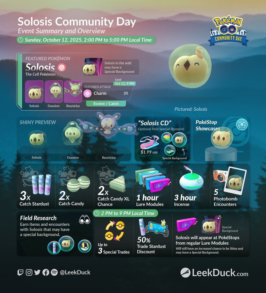 Solosis is the featured Pokémon for October's Community Day in Pokémon GO.  

Solosis evolved to Reuniclus will know the featured attack Charm.

Full Details: leekduck.com/events/october…