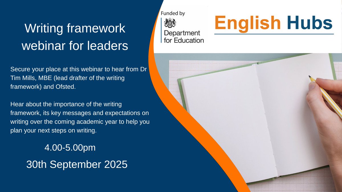 WensumEngHub's tweet image. 📣 CALLING ALL LEADERS!

Join us for the Writing Framework Webinar for Leaders, delivered by Tim Mills MBE.
 eventbrite.co.uk/e/writing-fram…

And that’s not all… keep your eyes peeled 👀 — we’ll soon be sharing more details on free Writing CPD opportunities coming your way!