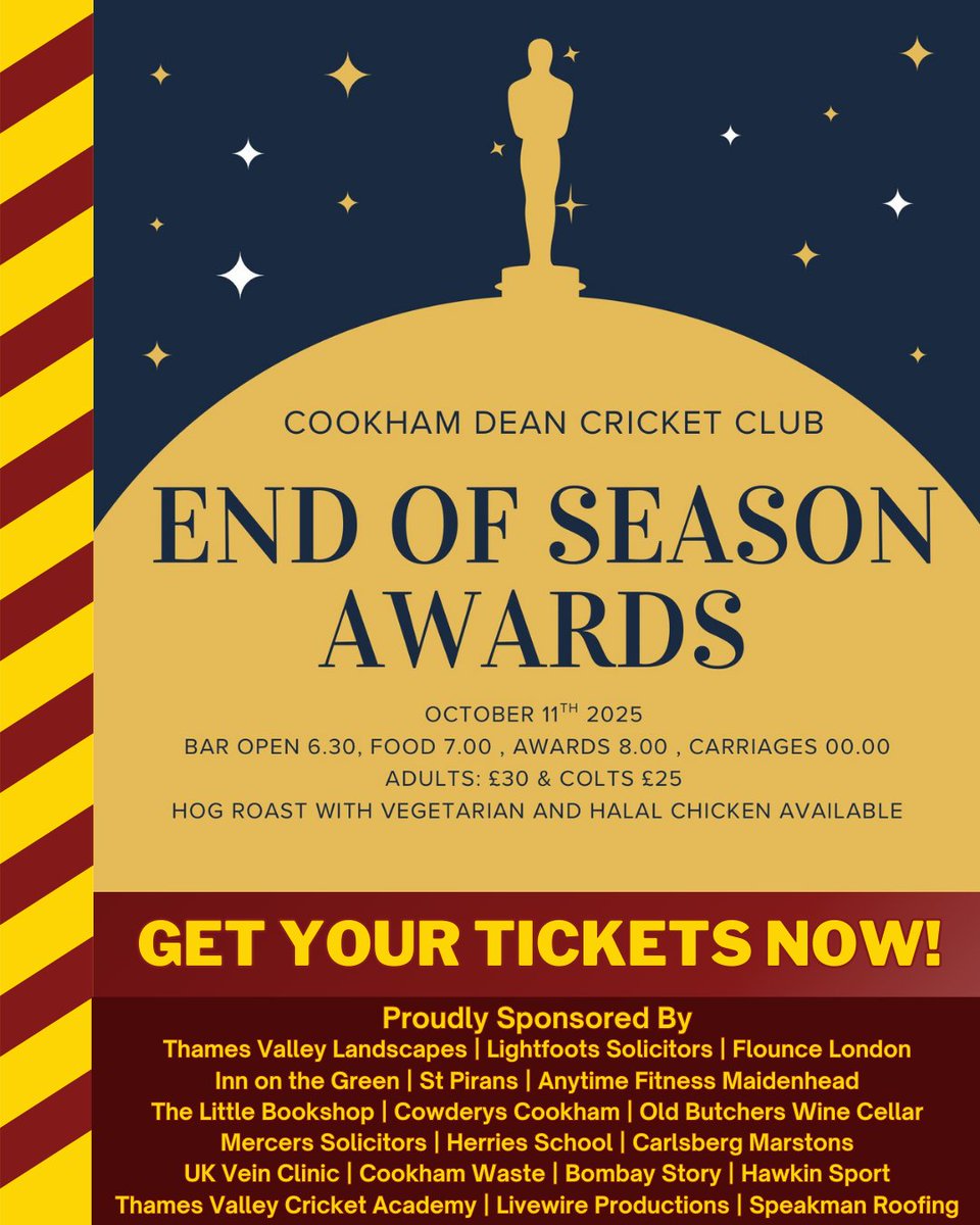 Celebrate our incredible 2025 at our End of Season Awards! 🎉

Join us on October 11th, to celebrate the success of our teams and individual players over the summer month 

Tickets available here:
eventbrite.co.uk/.../cdcc-end-o…...

#CookhamDean #Cricket #Berks #BerksCricket