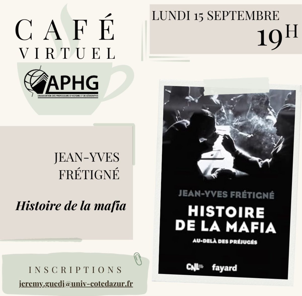 MP 974👨🏽🏫🌍⏳🏺🐈✈️🇷🇪🇫🇷 (@mp97440) on Twitter photo Café virtuel de l’<a href="/APHG_National/">APHG</a> consacré à la mafia et notamment sicilienne 🇮🇹🔴🟡. 
L’historien explique la naissance de la mafia au XIXe s et propose de démystifier cet objet historique complexe dt ls représentations ont été largement nourries par le cinéma et la littérature Café virtuel de l’<a href="/APHG_National/">APHG</a> consacré à la mafia et notamment sicilienne 🇮🇹🔴🟡. 
L’historien explique la naissance de la mafia au XIXe s et propose de démystifier cet objet historique complexe dt ls représentations ont été largement nourries par le cinéma et la littérature