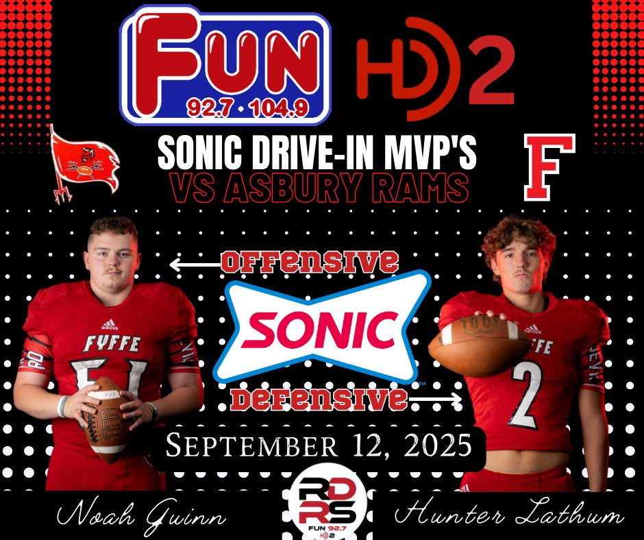 🏈🎉MVP! MVP! MVP!🎉🏈

OFFENSIVE and DEFENSIVE MVP'S presented by Sonic Drive-In of Rainsville!

For their efforts in the 54-6 win over the Asbury Rams last Friday night, Coach Benefield has selected...

➡️OL Noah Guinn - OFFENSIVE MVP💪
➡️DB Hunter Lathum - DEFENSIVE MVP👐