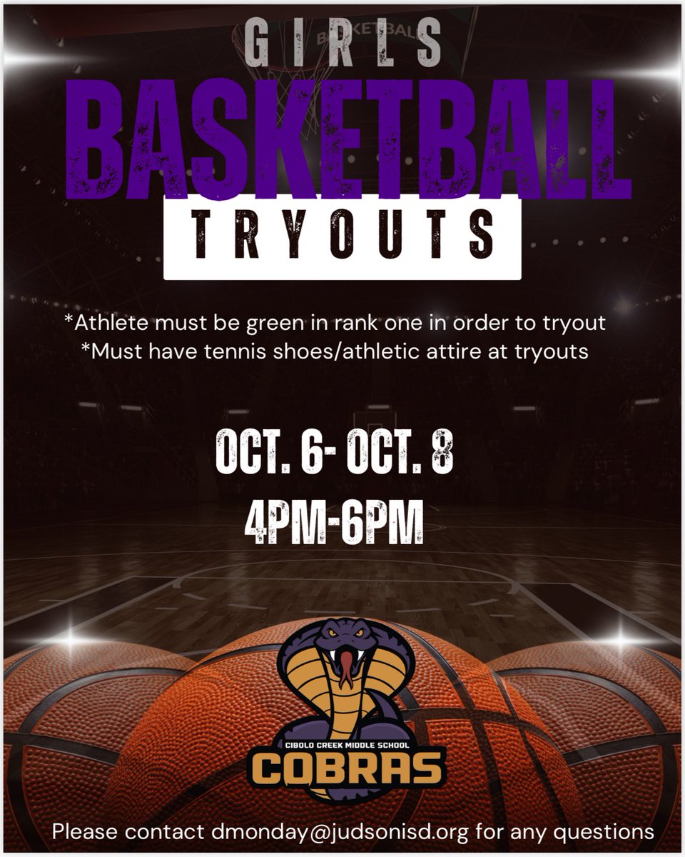 🏀✨ Girls Basketball Tryouts ✨🏀
Come out and show us your skills!

Bring your energy, hustle, and team spirit. Let’s build something great together! 💜💛
#GirlsBasketball #Tryouts #GoCobras