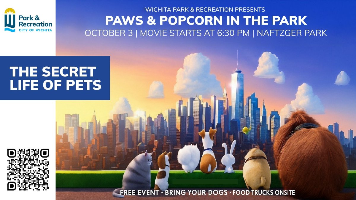 🐾🎬 Paws &amp; Popcorn in the Park!
📅 Fri, Oct 3 | ⏰ 6:30 PM | 📍 Naftzger Park
Bring your pups for playtime in the dog park, tasty food trucks, &amp; an outdoor showing of The Secret Life of Pets! 🐶🍿
Free fun under the stars—don’t miss it! 🌙✨ #WichitaParks