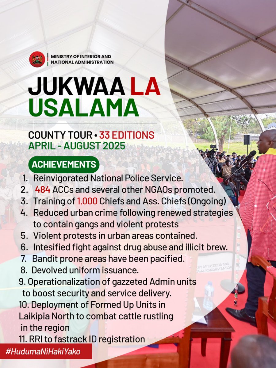 Markunder's tweet photo. The 47-county #JukwaaLaUsalama Tour sets a new, creative standard for governance. It demonstrates that the most strategic policies are those forged in the reality of citizens' lives. @kipmurkomen
CS Kipchumba Murkomen #StateOfSecurity https://t.co/ZbwmkfhV9s