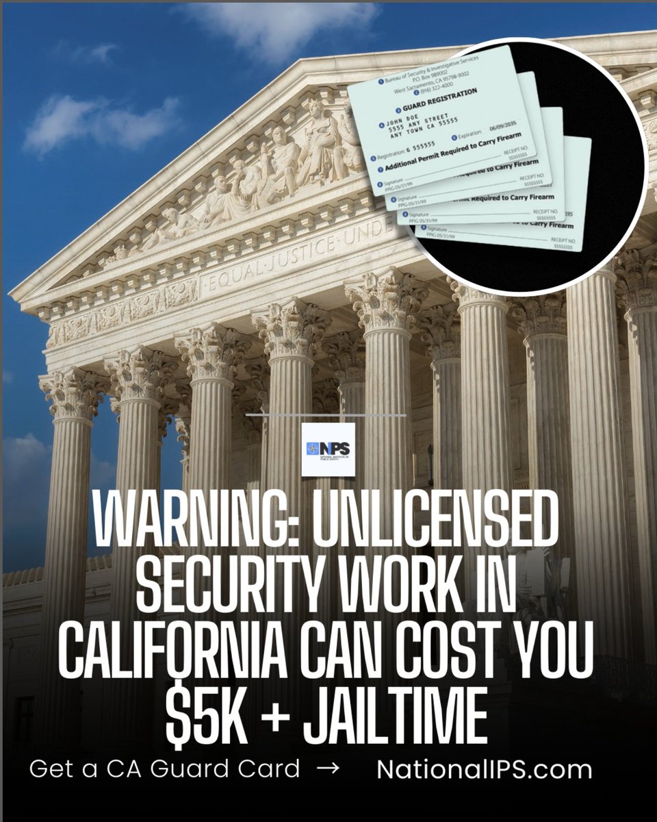 🚨 Don’t Risk It — Get Your California Guard Card the RIGHT way!

Under California Business &amp; Professions Codes, § 7582.3, § 7583.3, § 7583.8, it’s ILLEGAL to work as a security officer without a valid Guard Card.

Violations can mean fines up to $5,000 + possible jail time.