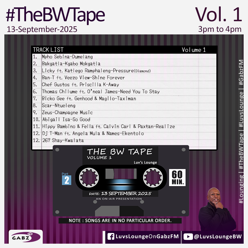 #LuvsLounge 🇧🇼 #TheBWTape Vol. 1 
Part 2

<a href="/LadyMphoSebina/">Mpho Sebina</a>
Bakgatla
<a href="/LICKYbw/">LICKYbw</a>
<a href="/whysobantastic/">ban-t</a>
<a href="/ChefGustos/">#ChefGustos 🎧</a>
<a href="/chilumethomas21/">Thomas Chilume</a>
Bicko Gee
<a href="/Scar_BW/">LEBADI</a>
<a href="/ZeusDeuceAfrika/">WarAndPeace:Disc1 & Tswana Renaissance Art OUT</a>
Abigail Isa
<a href="/HippyBambino/">Greatest To Ever Do it in BW 🐐🇧🇼</a>
<a href="/FellaOnTheBeat/">hardestworking.</a>
<a href="/DjTmanBots/">Nations Finest</a>
<a href="/267Shay/">267Shay Everywhere.</a> 

<a href="/Gabz_FM/">Gabz-FM</a>