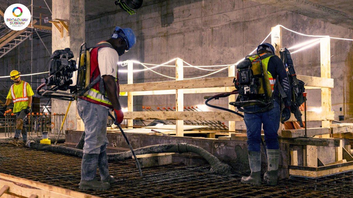 At GNW-Emily Carr Station, workers are pouring concrete for the SkyTrain platform. When complete, people will wait here for the next train.

Fun fact: Each Broadway Subway station will have one platform for trains going in both directions, located between the two tracks.