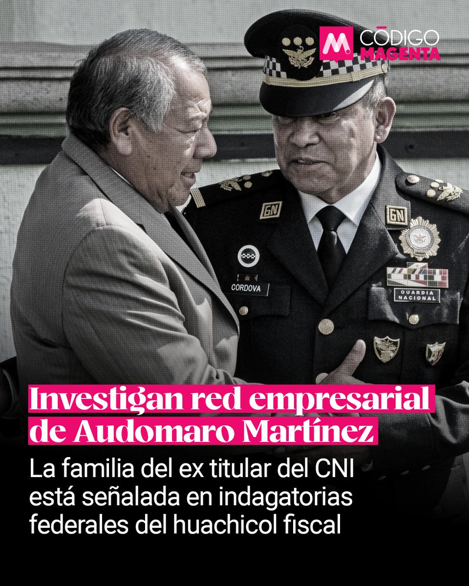 CodigoMagentaMx's tweet photo. ⭕ Fuentes federales citadas por la periodista @penileyramirez afirman que familiares directos de #AudomaroMartínezZapata, ex director del Centro Nacional de Inteligencia en el gobierno de @lopezobrador_, forman parte de una indagatoria federal por presuntos vínculos de sus empresas con una red de #HuachicolFiscal. Ramírez refiere que la pesquisa también tiene aristas en #EstadosUnidos.
🔹Entre las firmas señaladas por investigaciones periodísticas aparecen Sedegral Seguridad Privada, Defensa en General, S.A. de C.V., beneficiada con un contrato de la Secretaría de Marina por 98.5 millones de pesos, y Grupo Centurión Combustibles SAPI de CV, con decenas de contratos públicos por suministro de combustibles.
🔹Las fuentes federales citadas advierten que las autoridades están rastreando la relación entre las empresas de la familia del ex titular del #CNI con la operación de huachicol del vicealmirante #ManuelRobertoFaríasLaguna y el contralmirante #FernandoFaríasLagua, sobrinos políticos del almirante #RafaelOjeda, ex secretario de Marina.
🔹“El vínculo con Audomaro es la parte más delicada de la investigación y la más peligrosa”, dijeron las fuentes.
🔸Detalles: Los principales socios de Sedegral son la esposa y el hijo de Audomaro Martínez, quien durante décadas fue el principal asesor de seguridad de Andrés Manuel #LópezObrador. La compañía ha obtenido más de 500 millones de pesos en contratos con el gobierno federal, de acuerdo a reportes de prensa.
🔸En el 2014, Elisa Aguilar, hija de un oficial retirado de las Fuerzas Armadas, se convirtió en socia de Sedegral, según información recabada por Peniley Ramírez. En 2023, @MXvsCORRUPCION documentó que Aguilar vendió un departamento de lujo a #LuisCresencioSandoval, entonces titular de la Secretaría de la @Defensamx1 Nacional. Además, #MCCI encontró que, de manera paralela, un empleado de Aguilar obtuvo un contrato adicional con la Sedena por 229 millones de pesos.
➡ ¿Por qué importa? La indagatoria sobre la red portuaria de huachicol fiscal, que incluye a mandos navales y empresarios, ya roza a los entornos familiares de Martínez y del ex secretario de Marina, Rafael Ojeda.
➡Peniley Ramírez reporta que Aguilar “tiene otros vínculos con altos funcionarios del obradorismo cuyos negocios estaban encargados de la seguridad que falló, a propósito o por negligencia, y permitió que creciera el robo multimillonario del huachicol”.
▪ Contexto: Diana Yamilet Hernández Zárate, esposa de Audomaro Martínez, fundó en julio de 2022 -en pleno sexenio lopezobradorista- Operadora de Combustibles GSC Sureste, una compañía que cuenta con concesiones para comercializar gas natural y gasolina con Pemex.
▪ La empresa se constituyó en sociedad con Grupo Centurión Combustibles SAPI de CV, una firma en la que aparece Joel Guevara Trejo como presidente del Consejo de Administración.
▪ La esposa de Audomaro Martínez formó una segunda empresa, Inmobiliaria Macuspana GCENTSUR, en sociedad con Comercializadora Volcron SAPI DE VC, donde #JoelGuevaraTrejo también funge como presidente del Consejo de Administración.
▪ Existe una tercera conexión entre Guevara Trejo y la familia del ex titular del Centro Nacional de Inteligencia. #AudomaroMartínezHernández, hijo de Audomaro Martínez Zapata, es parte del consejo de vigilancia de la empresa Combustibles e Hidrocarburos del Sureste SA de CV. En esta compañía, Enrique Zúñiga Pérez es el socio mayoritario. Zúñiga Pérez es, además, gerente general de Grupo Centurión, la compañía que preside Guevara Trejo.
▪ Tanto Guevara Trejo como Zúñiga Pérez han establecido diversas compañías en el ramo de transporte de hidrocarburos.