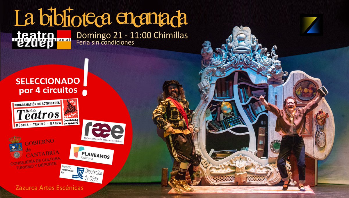 LA BIBLIOTECA ENCANTADA podrá verse este domingo 21 de septiembre en la <a href="/FeriaHuesca/">Feria Teatro y Danza de Huesca</a> - Sin Condiciones en colaboración con <a href="/CulturaHoya/">Cultura Hoya Huesca</a>!

Una divertida comedia multidisciplinar
(#Poesía #Actores #Títeres #Proyección #Familiar) que busca la iniciación poética de los + pequeños.