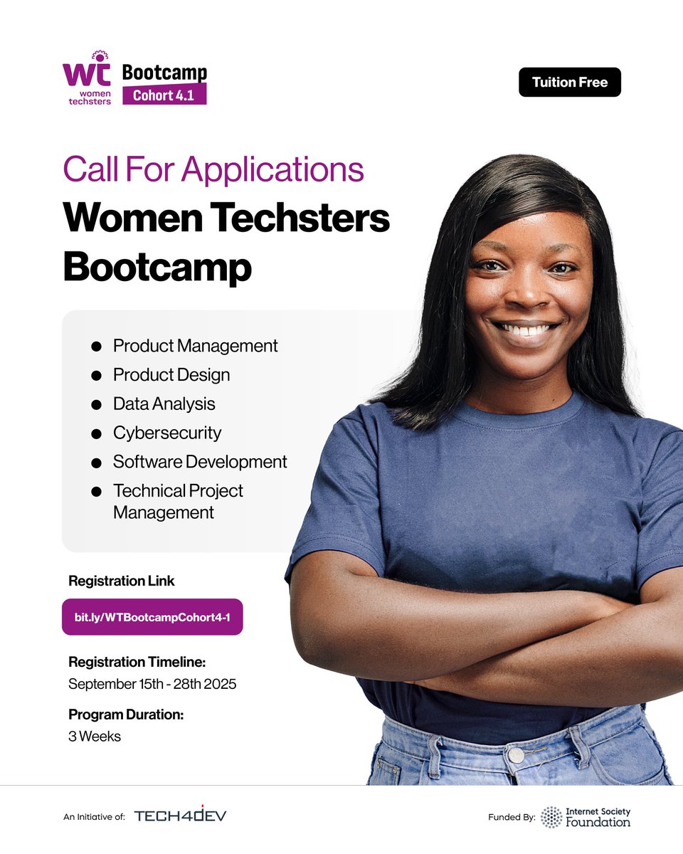 Tech4DevHQ's tweet image. Applications for the Women Techsters Bootcamp Cohort 4.1 are now open!!
From September 15th to 28th, women across 30 African countries have the opportunity to apply for a tuition-free, 3-week intensive program designed to equip you with in-demand tech skills and prepare you for…