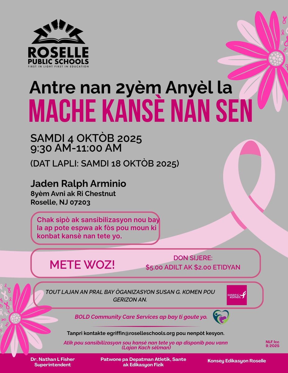 Join the Roselle Public Schools for the 2nd Annual Breast Cancer Walk on Saturday, October 4!

#ShiftandTranscend
#TargetedWithTenacity
#BeInTheKnow 
#Everystudenteveryday
#Allstudentsmatter
#ExcellenceThroughEquity
#ElevateAndAMPLIFY 
#RPSVision2027
#Leadership
#education