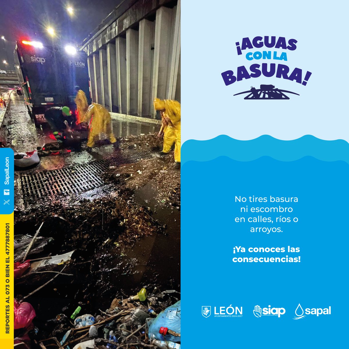 Mitiguemos riegos de encharcamientos esta temporada de lluvias. No tires basura ni escombro en calles, ríos o arroyos.
Deposita los desechos en lugares indicados para evitar taponamientos de drenajes. 
¡Mantenerlos limpios es responsabilidad en todos!

¡#AguasConLaBasura!