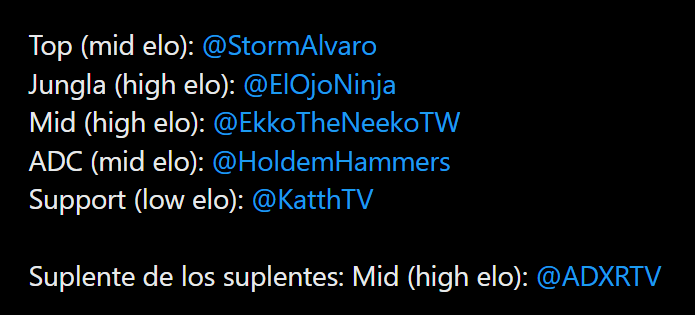 🚨He pensado en crear la "INICIATIVA ABENCHERS"

Un equipo de suplentes del torneo con las mismas normas de elo para hacer scrims contra los equipos oficiales cuando no tengan con quien entrenar.

¿Qué os parece?

Confirmados:
