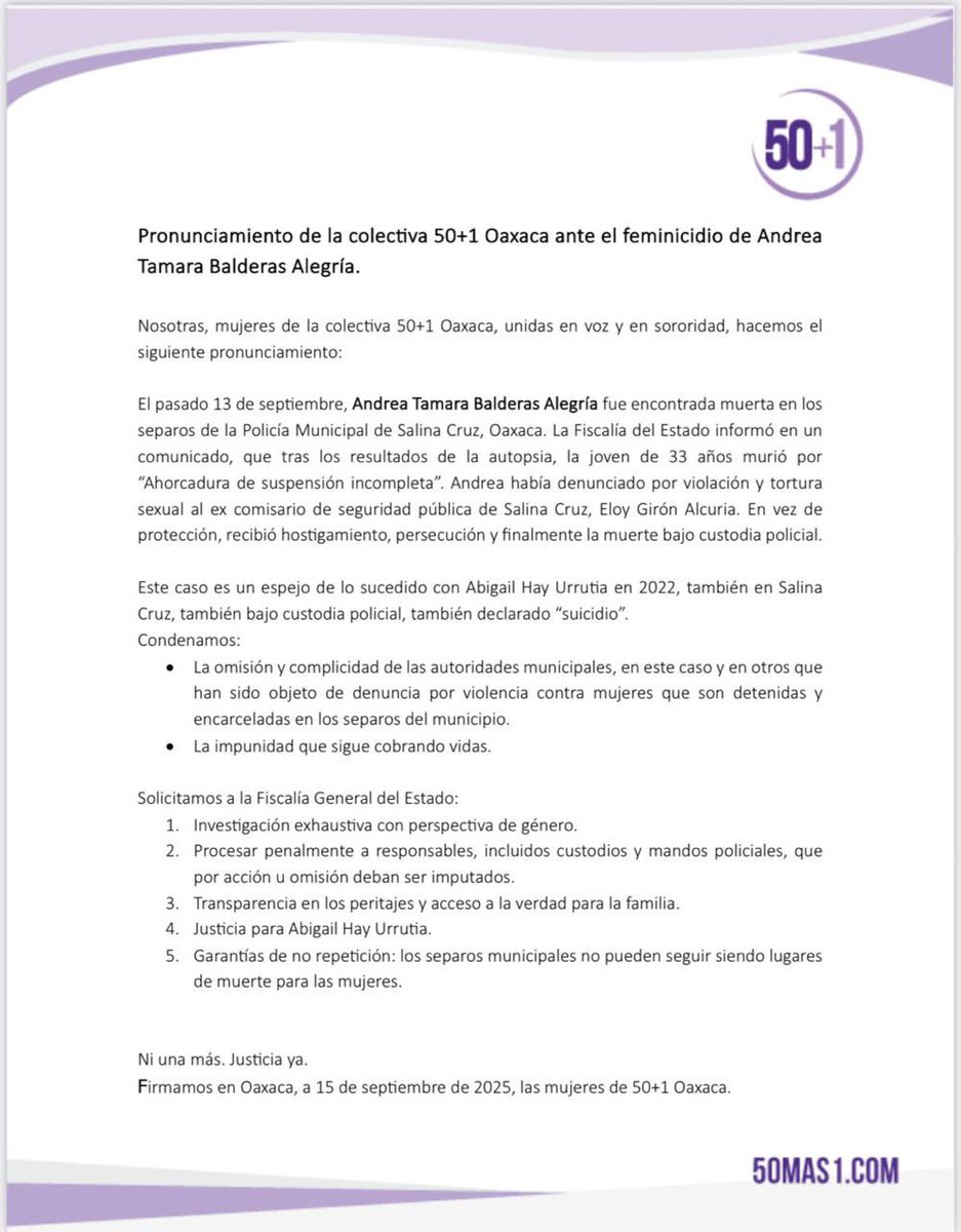 En 50+1 Oaxaca exigimos justicia por la muerte de Andrea Tamara Balderas Alegría, ocurrida bajo custodia policial en Salina Cruz.
Ni una más, justicia ya.

#JusticiaParaAndrea #NiUnaMás #50más1Oaxaca