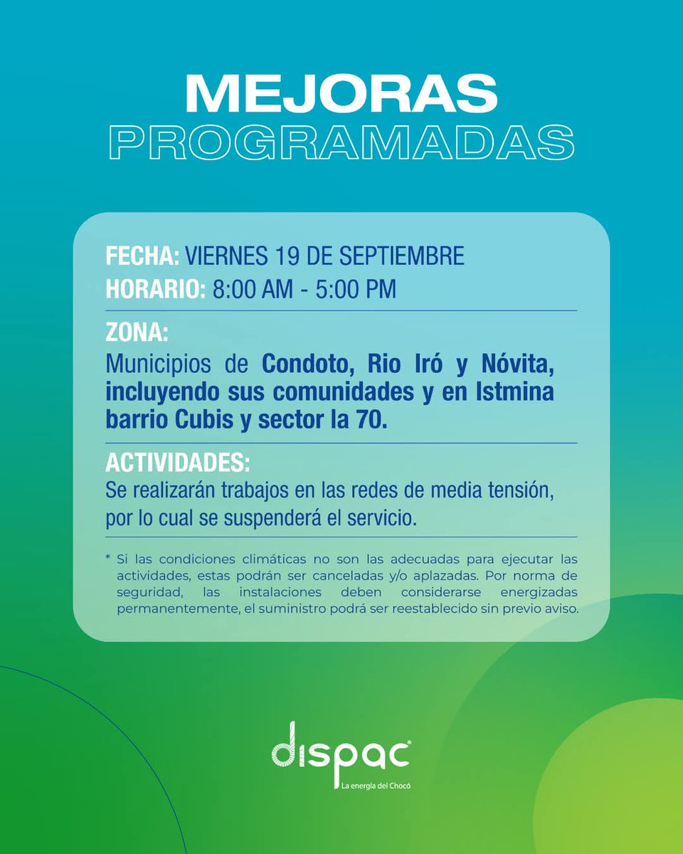 En <a href="/DispacComunica/">DISPAC S.A. E.S.P.</a> seguimos trabajando para fortalecer la infraestructura eléctrica  💡Durante la semana del 15 al 19 de septiembre, realizaremos mejoras programadas en diferentes zonas y municipios de la región.🔧 Estas labores son necesarias para mejorar el servicio 🙌