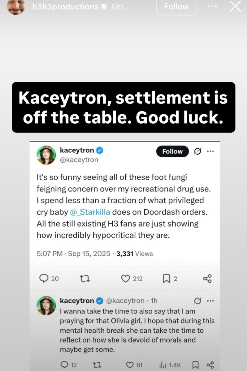 TheLegalMindset's tweet photo. In other news, Kaceytron rejected her best chance out of complete embarrassment. I'm ready to read all unhinged Reddit and Discord communications that will drop from the case. Sure hope no one wished violence on @h3h3productions in light of Charlie Kirk https://t.co/SdVo76hV3T