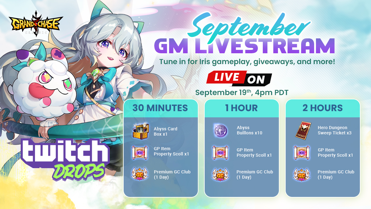 Tune in this Friday for the September GM Livestream!

⚔️ Play Iris with the GMs and earn Twitch Drops
📅 September 19th, 4pm PDT
📺 twitch.tv/gcclassic

#GrandChaseClassic #Action #RPG
