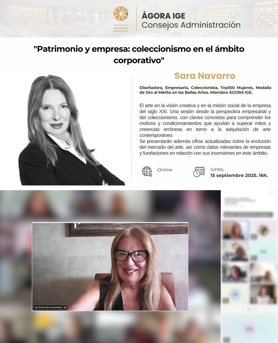 🖼 Esta tarde, desde #ÁgoraIGE, hemos compartido un inspirador café online con <a href="/saranavarroshoe/">Sara Navarro</a>, diseñadora, psicóloga y coleccionista, para reflexionar sobre el papel del #arte como motor de progreso y bienestar en las organizaciones.