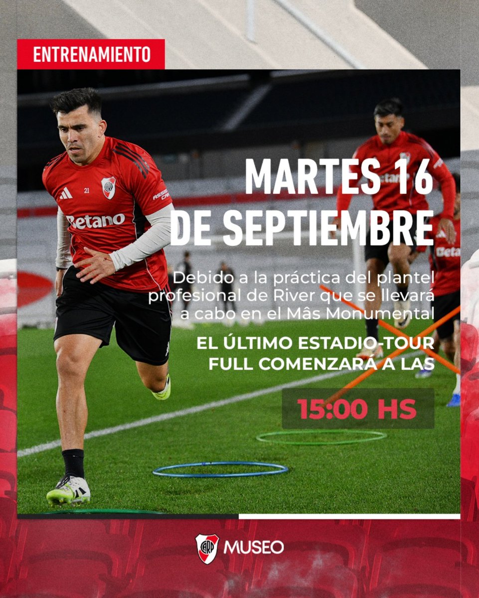 📣 [𝗜𝗠𝗣𝗢𝗥𝗧𝗔𝗡𝗧𝗘] Horarios del Museo River para el martes 16 de septiembre 🏛📆

🕙 Apertura: 10:00 hs.
🏟 Último Estadio-Tour Full: 15:00 hs.
💺 Última Visita Express: 15:15 hs.
🕖 Cierre: 19:00 hs.