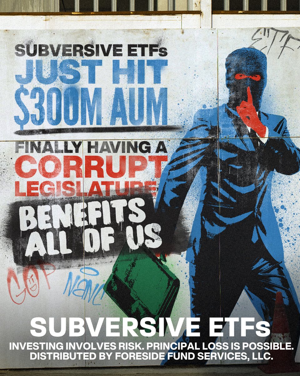 SubversiveETFs's tweet image. Subversive ETFs just hit $300M AUM! Big thanks to all our traders in congress, we couldn’t do it without your corruption.
