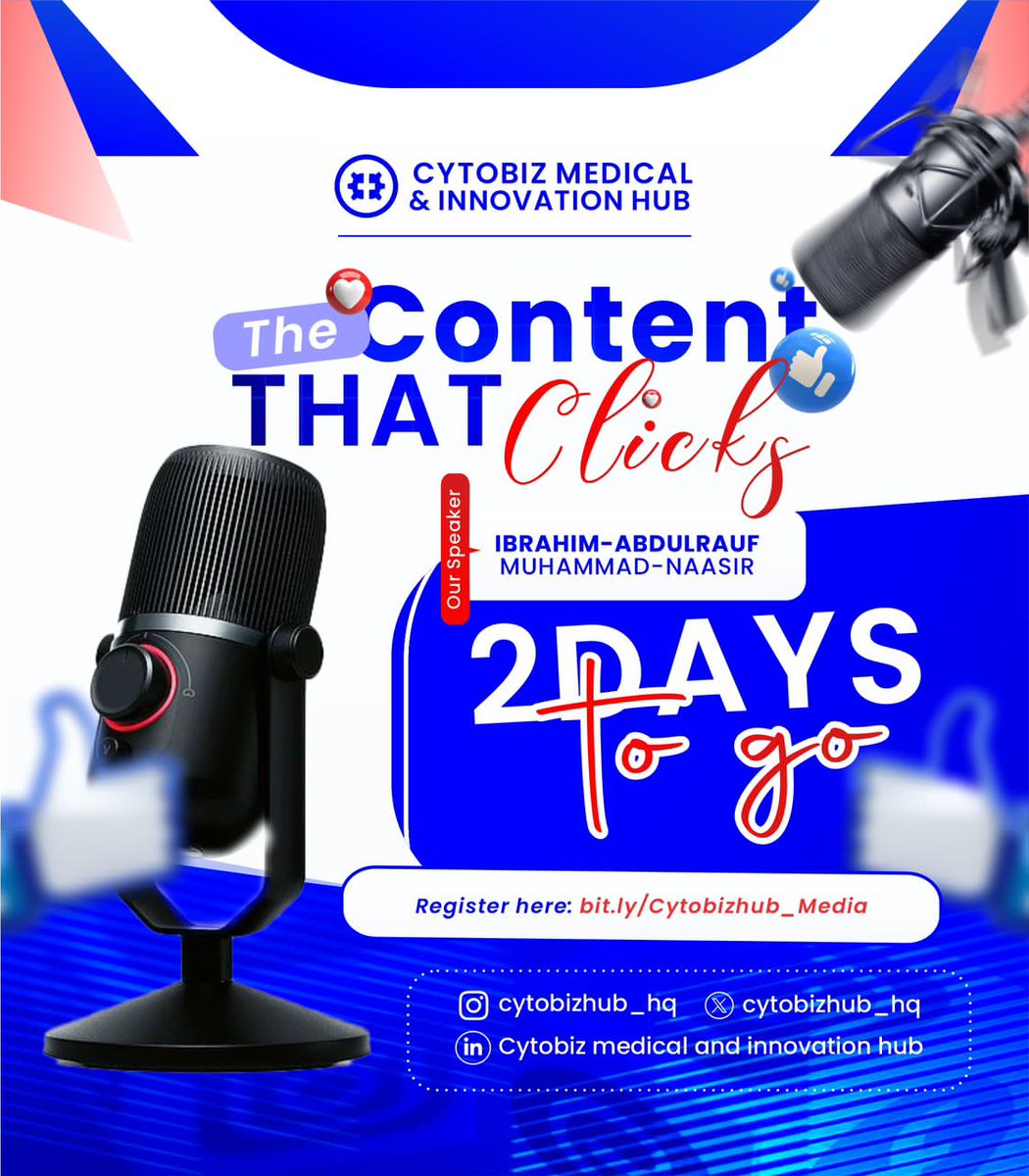 Cytobizhub_hq's tweet photo. β³ 2 DAYS TO GO!
What makes people stop scrolling and start engaging?
Join the webiner waiting room for more information: https://t.co/W5FYE22Teo
#TheContentsThatClicks #CytobizHub #CytobizMedicalAndInnovationHub #ContentThatMatters https://t.co/CkDr5AcxTB
