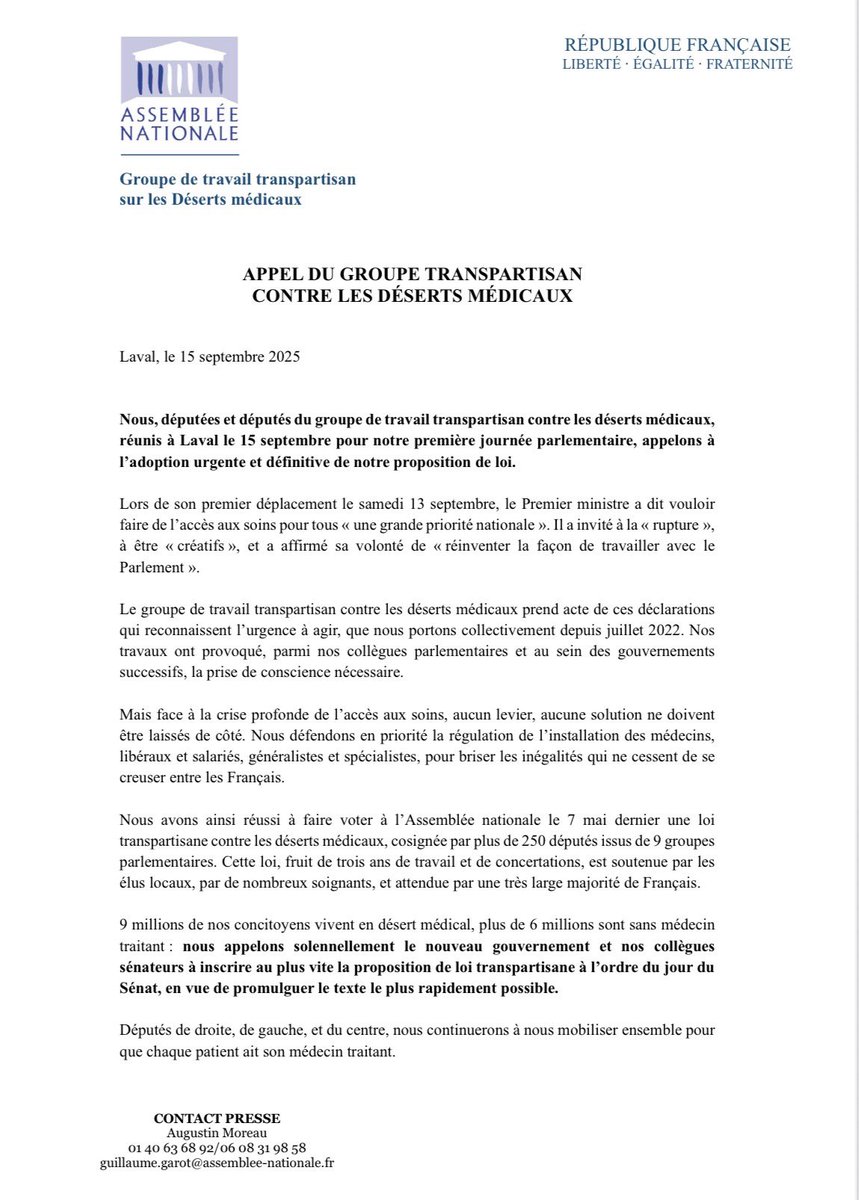« Nous appelons solennellement le nouveau gouvernement et nos collègues sénateurs à inscrire au plus vite la proposition de loi transpartisane à l’ordre du jour du Sénat, en vue de promulguer le texte le plus rapidement possible »

Notre Appel de Laval sur les déserts médicaux ⤵️
