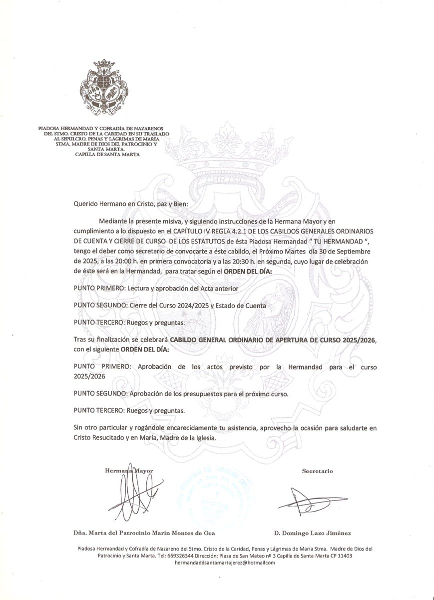 CABILDO ORDINARIO DE CIERRE DEL CURSO 2024/25 Y APERTURA DEL CURSO 2025/26

Citación a los cabildos de cierre del curso 2024/205 y el de apertura del curso 2025/26, qué D.M, se celebrará el próximo 30 de Septiembre en primera convocatoria a las 20:00h. y en segunda convocatoria a