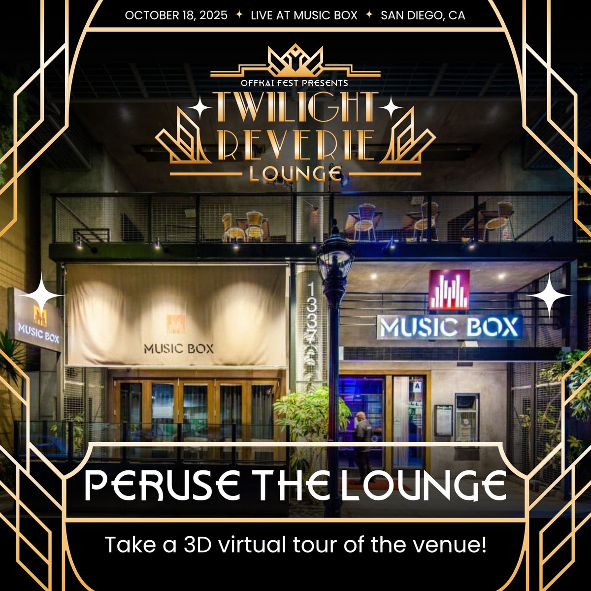 OffKaiExpo's tweet image. Dance as dusk breaks! 🍾🌇

#OffKaiFest2025 is proud to be taking place at Music Box, an illustrious venue in San Diego, CA. Take a free 3D virtual tour now to get a sneak peek at the Twilight Reverie Lounge!

👇