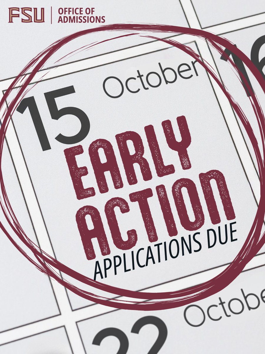 ⏰ Florida Residents: Early Action is 1 month away! 📆

✅ Apply by Oct 15 and submit materials by Oct 22 to receive an admission decision on Dec 11 🎉

💻 Apply Today: bit.ly/4n3GZuW
 
#NewNoles #FSU30 #NowANole
