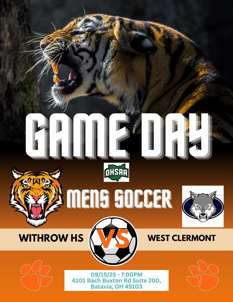GAMEDAY
Withrow Tigers vs West Clermont <a href="/wcwolvessports/">West Clermont Athletics</a> 
📍 Withrow HS
🕔 JV – 5:00 PM
🕖 Varsity – 7:00 PM

Tigers defend home turf tonight — come out and support!
#TigerPride #WithrowSoccer #CMAC