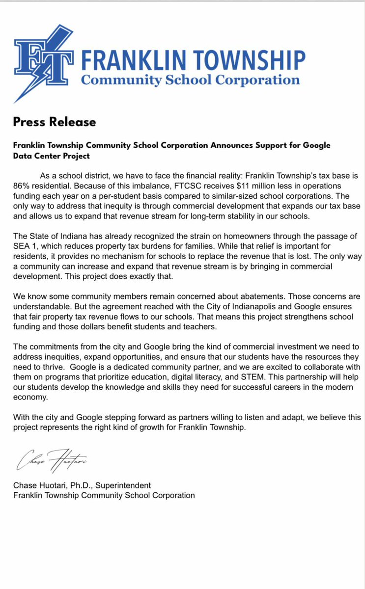 🚨 BREAKING: Franklin Township Community Schools comes out in support of the Indianapolis data center project, saying they will partner with Google on “digital literacy” and related programs. 

They say the commitments from Google will “address inequities” and blame the state’s