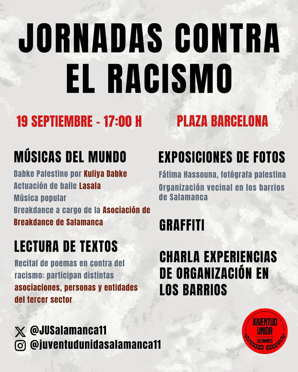 🔴 ESTE VIERNES 19 DE SEPTIEMBRE
👉🏼 A LAS 17:00H EN LA PLAZA BARCELONA
⚒️ Organizamos unas JORNADAS CONTRA EL RACISMO con poesía, exposiciones, arte urbano y memoria de las luchas vecinales