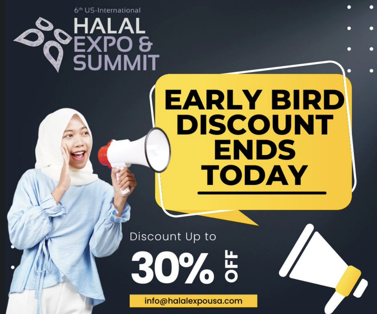 A fantastic opportunity for businesses, suppliers, product innovators and more to see for yourselves all of the  ways we can build the services and products that are increasing in demand- and you can be part of it!  Early bird discount ends today.  HalalExpoUSA.com