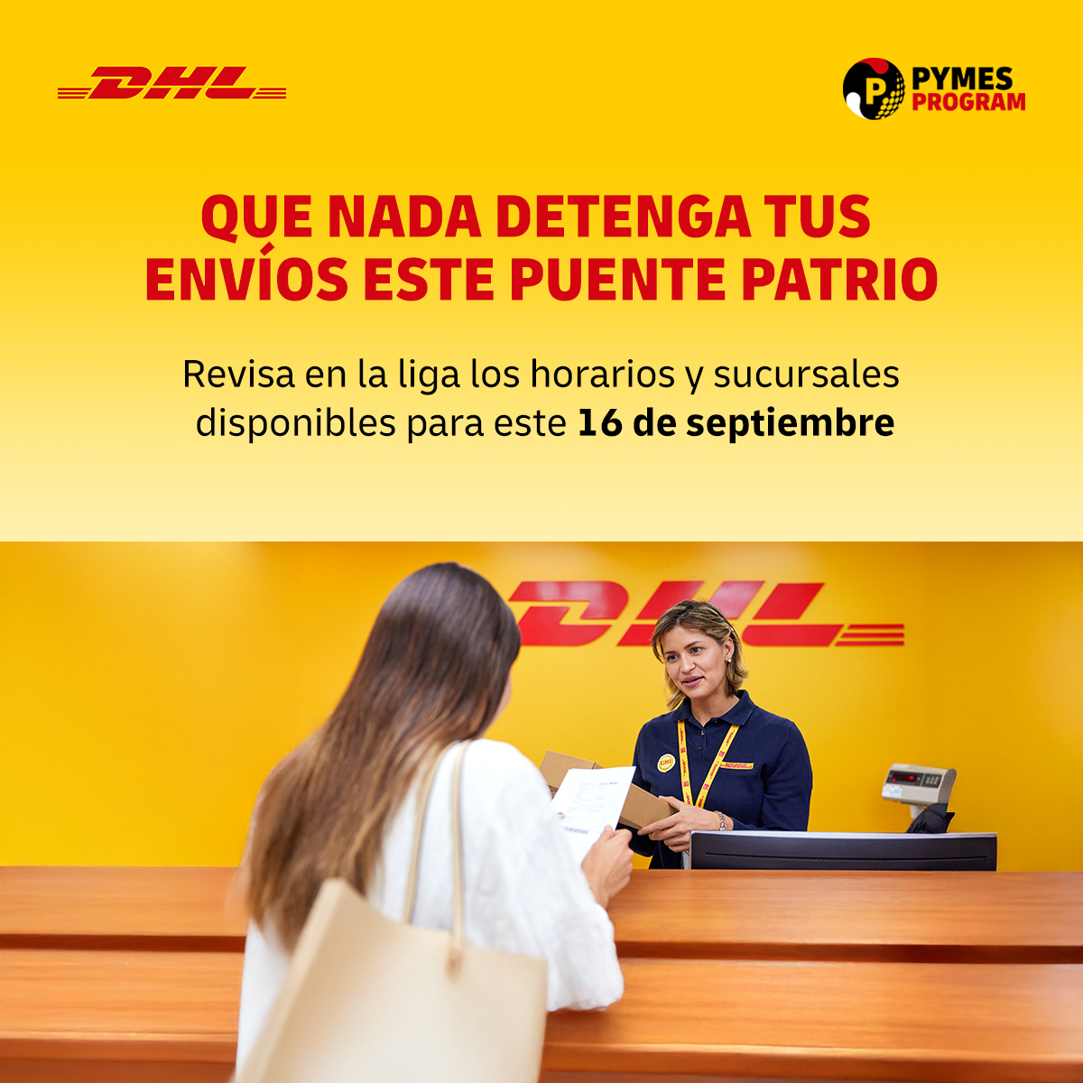 ¿Tienes envíos pendientes en estas fechas? 📦 Revisa aquí las tiendas que abrirán el 16 de septiembre y sigue enviando con nosotros 👉🏻. dhlproductosyservicios.com/operaciones/16…

 #DHL #Operacion #Horario #septiembre