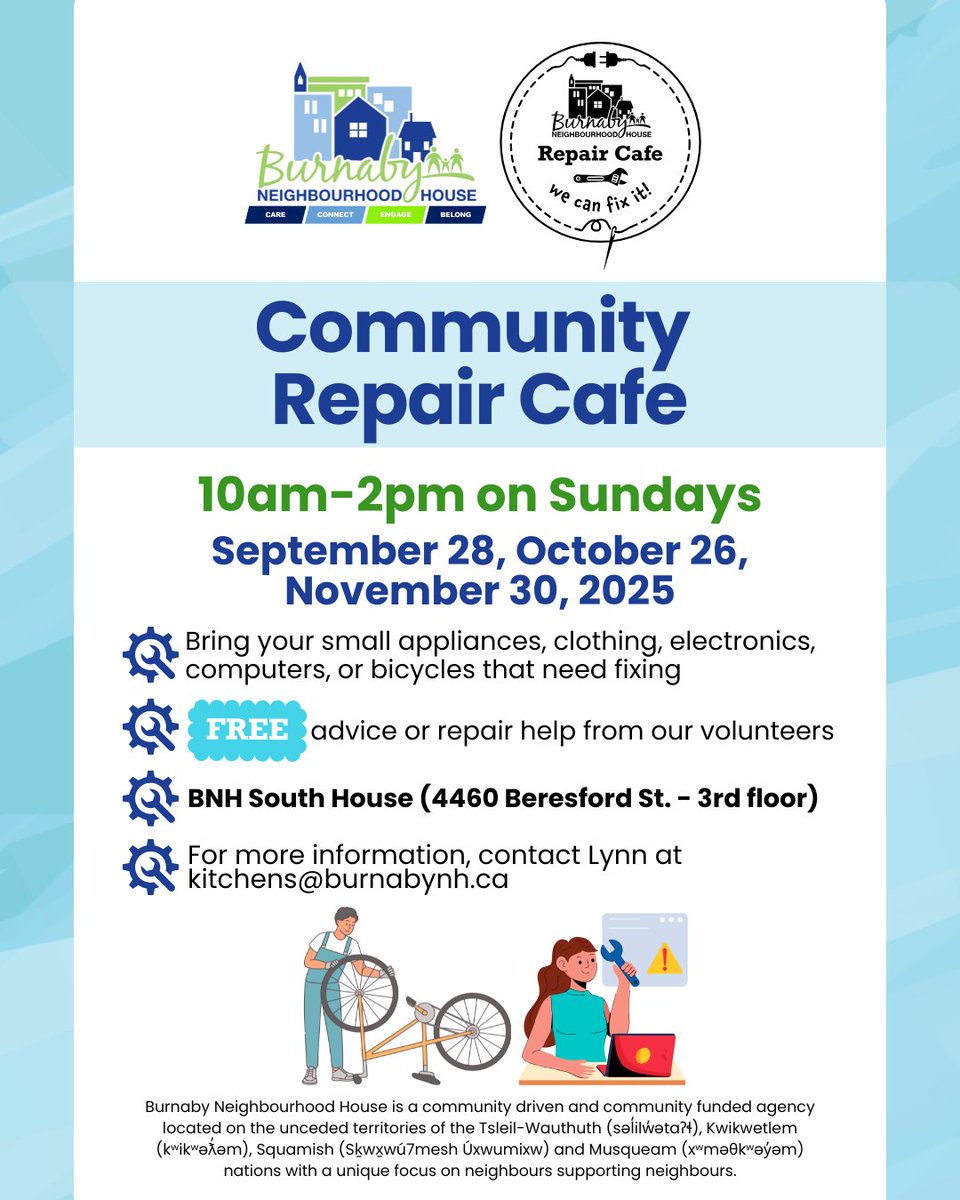 BNH Community Repair Café offers free support to fix small items such as appliances, electronics, computers, clothing, textiles, and bicycles. Volunteers will help to make your items usable again.🛠️♻️

For more information, please contact Lynn at kitchens@burnabynh.ca.