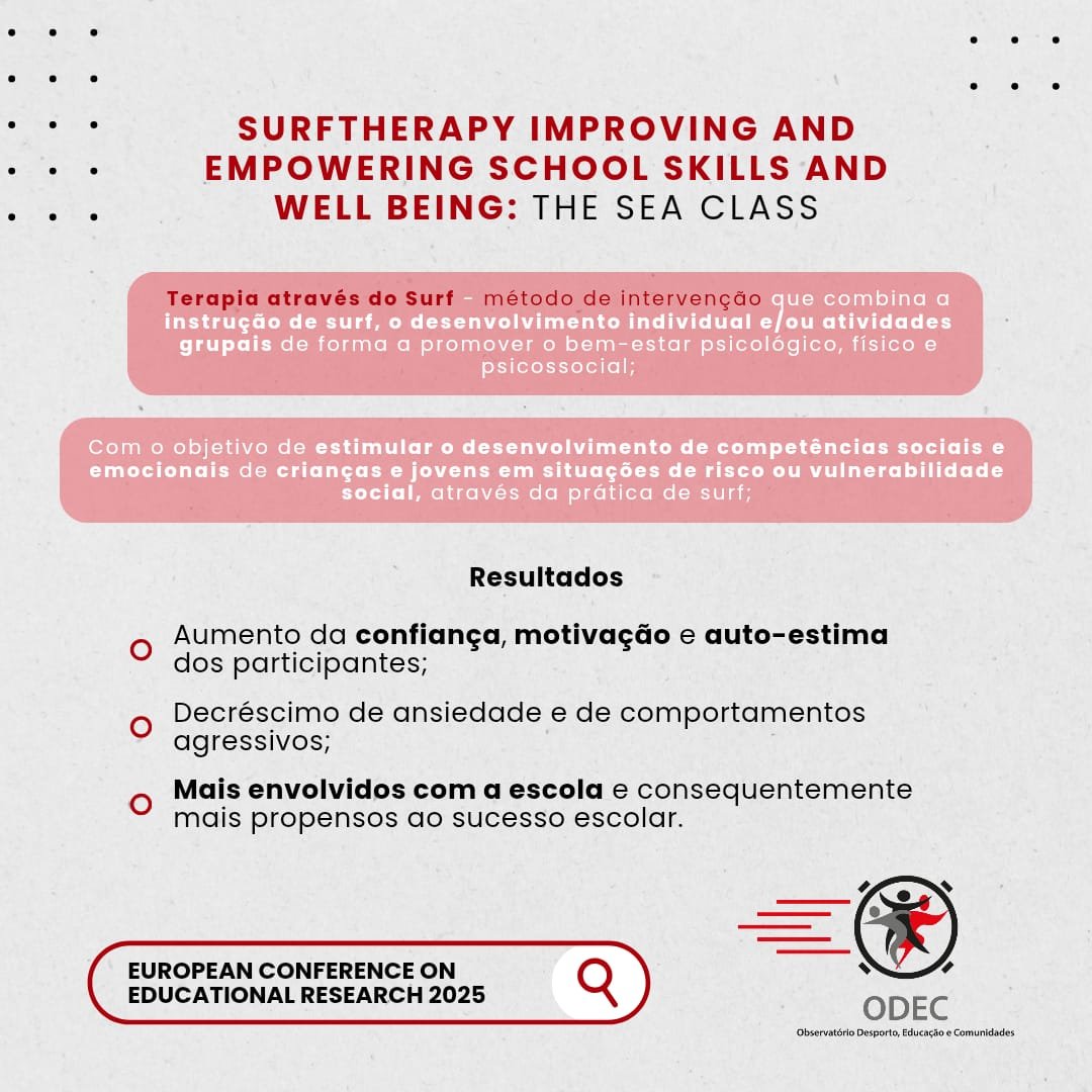 🔎 Um dos projetos apresentados na ECER 2025 foi o Surftherapy Improving and Empowering Sochool Skills and WellBein: The Sea Class 🏄‍♀

E tu, já conhecias a Turma do Mar? 🧐

Acompanha as nossas redes para saberes mais sobre a ECER 2025! 🤩

#ODEC #FPCEUP #ECER #ECER2025