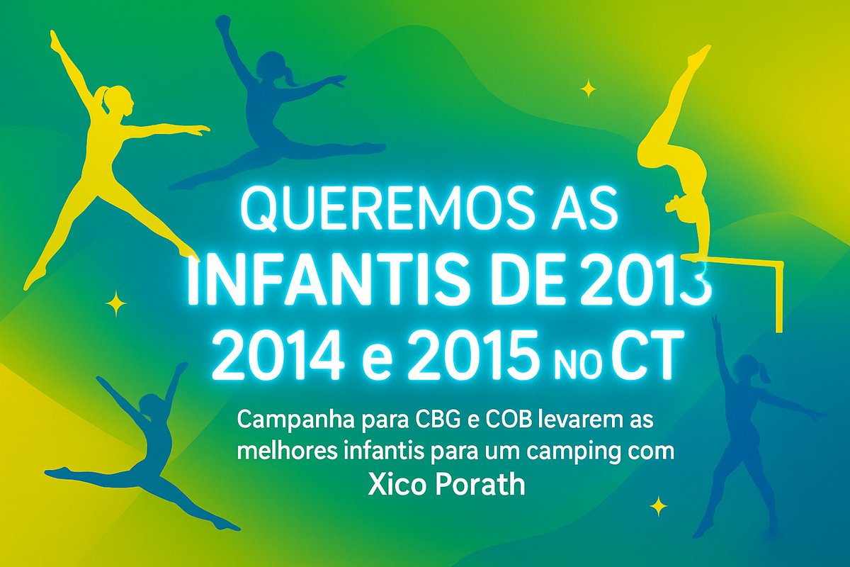 🇧🇷 DIA 05 GRITANDO A PLENOS PULMÕES ATÉ A
CBG e COB FAZEREM UM CAMPING COM ATLETAS INFANTIS  DE 2013/2014/2015 E CLUBES MAIS BEM COLOCADOS NO BRASILEIRO INFANTIL (TOP 10 NO AA E APARELHOS) 

São 35 ginastas de 14 clubes espalhados pelo país!  VAMOS GRITAR ALTO! QUEREMOS CAMPINGS!