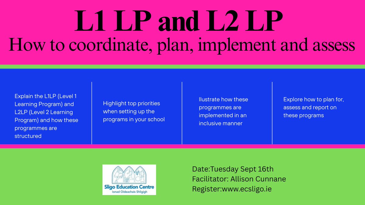 SligoEdCentre's tweet image. 📢Post Primary Teachers
🟢Learn about L1LP &amp;amp; L2LP:
🟢What they are &amp;amp; how they’re structured
🟢Key priorities for setup in schools
🟢Inclusive implementation
🟢Planning, assessment &amp;amp; reporting
👉Register:ecsligo.ie
#postprimaryteachers #LearningProgramme
